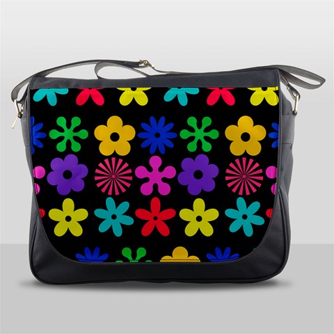 Colorful flowers on a black background pattern                                                            Messenger Bag from ArtsNow.com Front