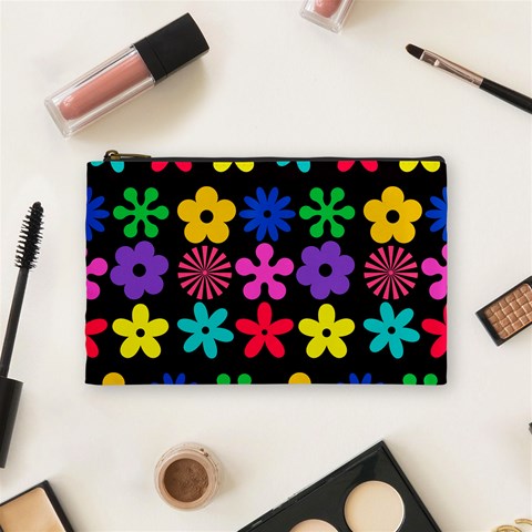 Colorful flowers on a black background pattern                                                            Cosmetic Bag from ArtsNow.com Front