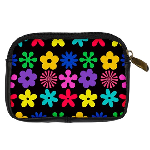 Colorful flowers on a black background pattern                                                            Digital Camera Leather Case from ArtsNow.com Back