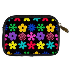 Colorful flowers on a black background pattern                                                            Digital Camera Leather Case from ArtsNow.com Back