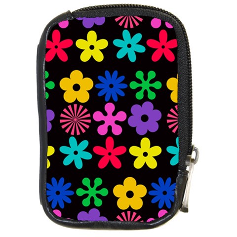 Colorful flowers on a black background pattern                                                            Compact Camera Leather Case from ArtsNow.com Front