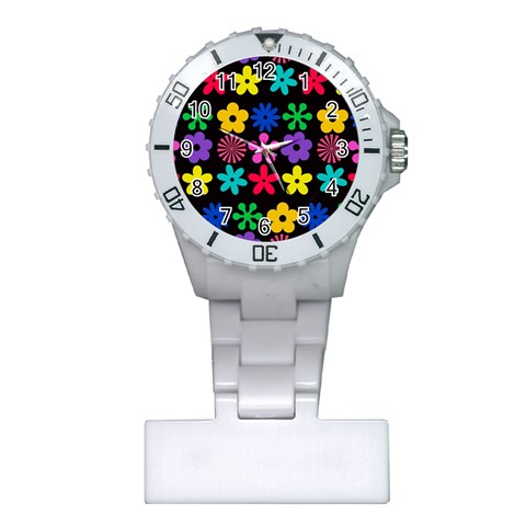 Colorful flowers on a black background pattern                                                            Nurses Watch from ArtsNow.com Front