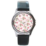 Pink floral pattern background Round Metal Watch