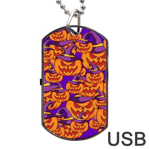 Purple and orange pumpkins, crazy Halloween pattern, Jack o  Lantern Dog Tag USB Flash (One Side) from ArtsNow.com Front