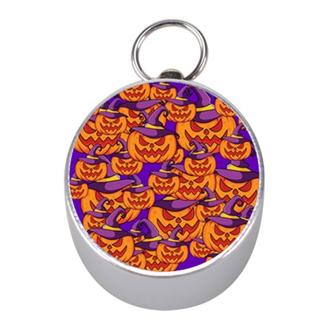 Purple and orange pumpkins, crazy Halloween pattern, Jack o  Lantern Mini Silver Compasses from ArtsNow.com Front