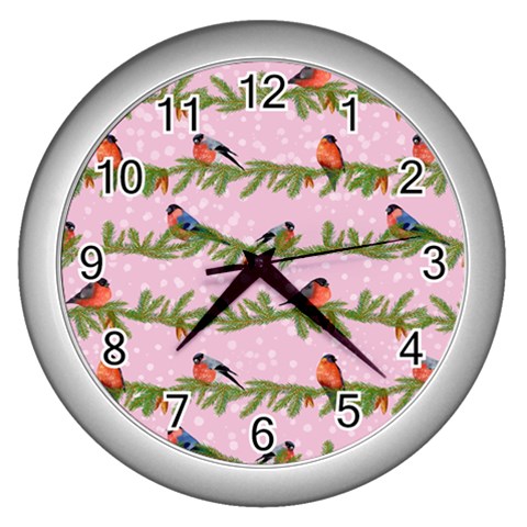 Bullfinches Sit On Branches On A Pink Background Wall Clock (Silver) from ArtsNow.com Front