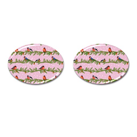 Bullfinches Sit On Branches On A Pink Background Cufflinks (Oval) from ArtsNow.com Front(Pair)