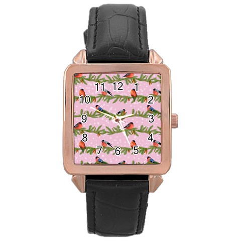 Bullfinches Sit On Branches On A Pink Background Rose Gold Leather Watch  from ArtsNow.com Front