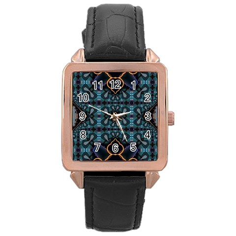 Blue pattern Rose Gold Leather Watch  from ArtsNow.com Front