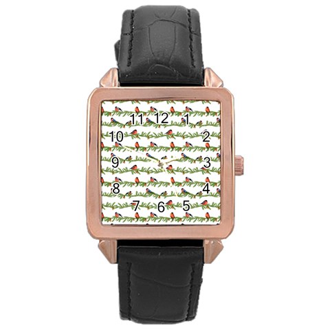 Bullfinches On The Branches Rose Gold Leather Watch  from ArtsNow.com Front