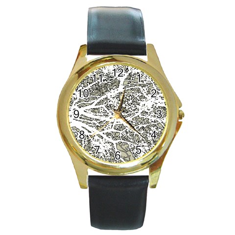 Linear Art Botanic Illustration Round Gold Metal Watch from ArtsNow.com Front