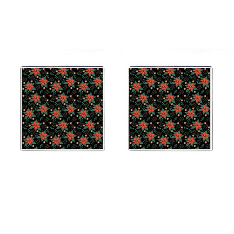 Large Christmas Poinsettias on Black Cufflinks (Square) from ArtsNow.com Front(Pair)