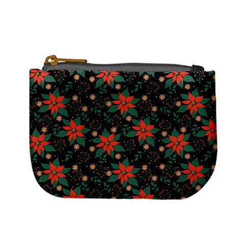 Large Christmas Poinsettias on Black Mini Coin Purse from ArtsNow.com Front