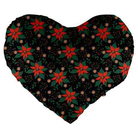 Large Christmas Poinsettias on Black Large 19  Premium Flano Heart Shape Cushions from ArtsNow.com Front