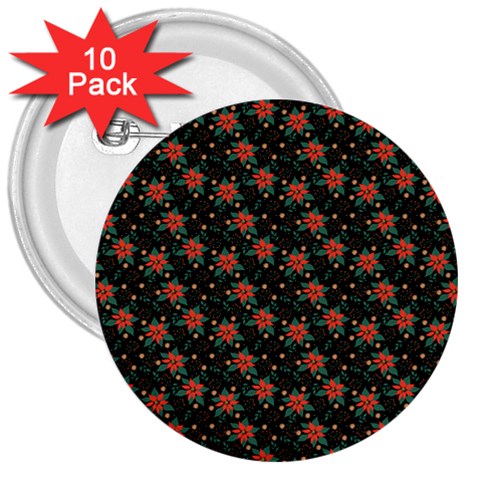 Medium Red Christmas Poinsettias on Black 3  Buttons (10 pack)  from ArtsNow.com Front