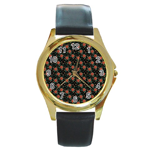 Medium Red Christmas Poinsettias on Black Round Gold Metal Watch from ArtsNow.com Front