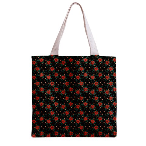 Medium Red Christmas Poinsettias on Black Zipper Grocery Tote Bag from ArtsNow.com Front