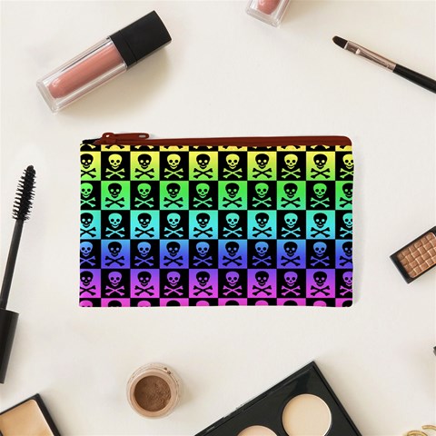 Rainbow Skull Checkerboard Cosmetic Bag (XS) from ArtsNow.com Front