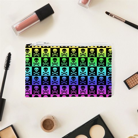 Rainbow Skull Checkerboard Cosmetic Bag (XS) from ArtsNow.com Front