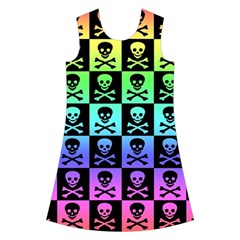 Rainbow Skull Checkerboard Kids  Short Sleeve Velvet Dress from ArtsNow.com Front