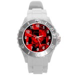 Red Grunge Skull Round Plastic Sport Watch (L)