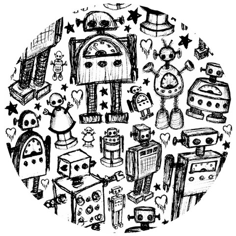 Robot Crowd Wooden Puzzle Round from ArtsNow.com Front
