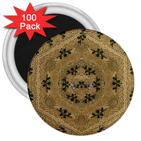 Wood Art With Beautiful Flowers And Leaves Mandala 3  Magnets (100 pack) from ArtsNow.com Front