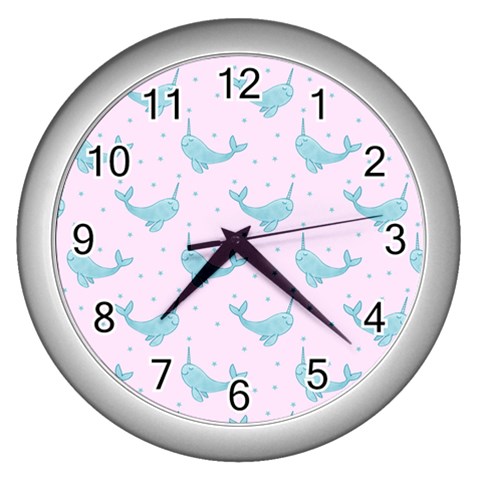 Narwales Stars  Pattern Pink Wall Clock (Silver) from ArtsNow.com Front