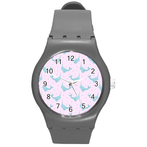 Narwales Stars  Pattern Pink Round Plastic Sport Watch (M) from ArtsNow.com Front
