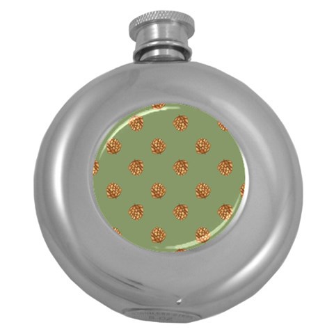 Pine cones green Round Hip Flask (5 oz) from ArtsNow.com Front