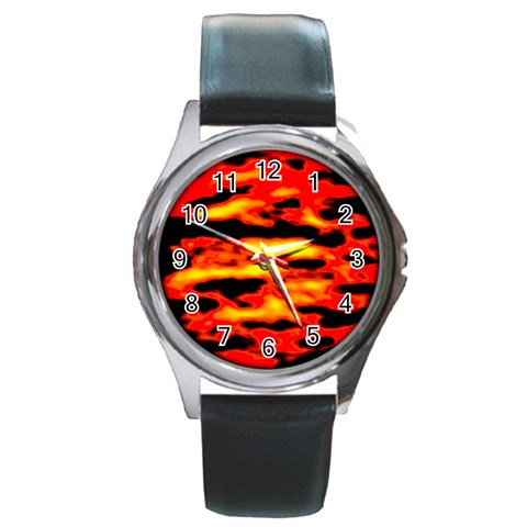 Red  Waves Abstract Series No17 Round Metal Watch from ArtsNow.com Front
