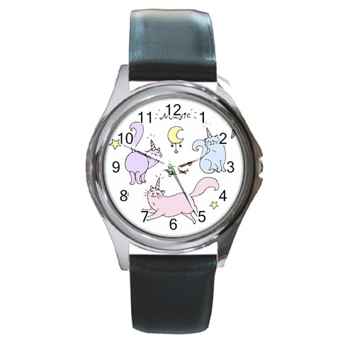 Cute unicorn cats Round Metal Watch from ArtsNow.com Front