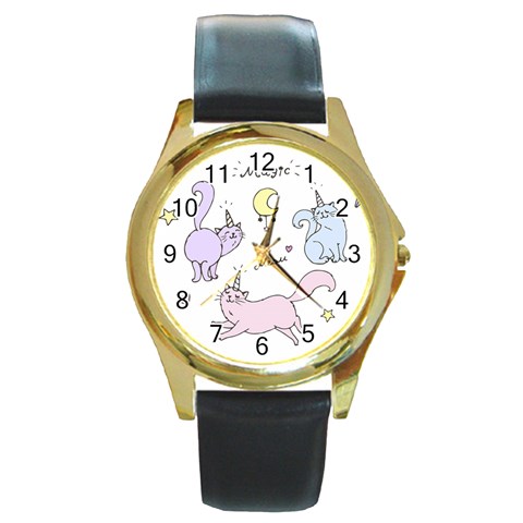 Cute unicorn cats Round Gold Metal Watch from ArtsNow.com Front