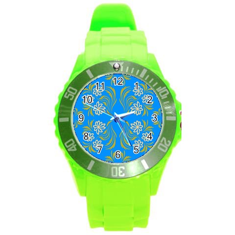 Floral folk damask pattern  Round Plastic Sport Watch (L) from ArtsNow.com Front
