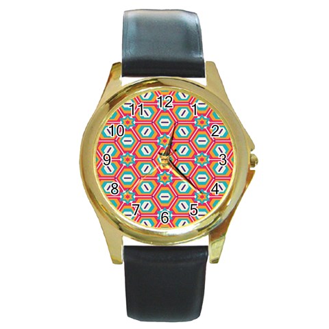 Hexagons and stars pattern                                                                Round Gold Metal Watch from ArtsNow.com Front