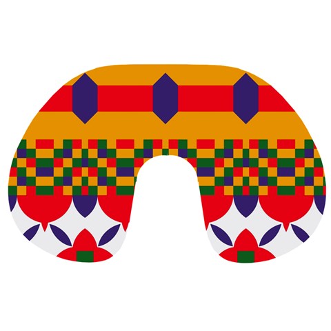 Red flowers and colorful squares                                                                  Travel Neck Pillow from ArtsNow.com Front