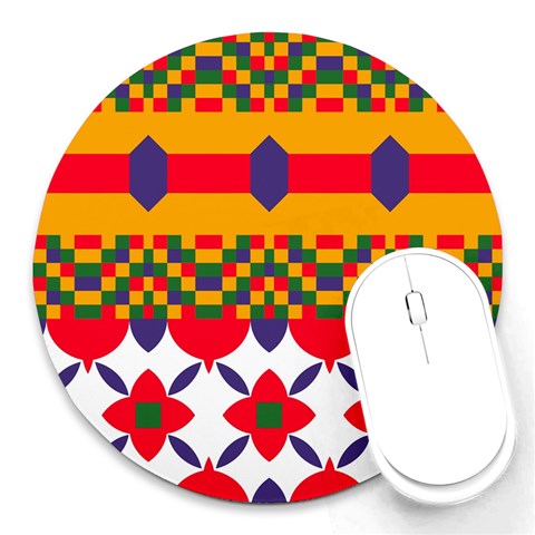 Red flowers and colorful squares                                                                  Round Mousepad from ArtsNow.com Front