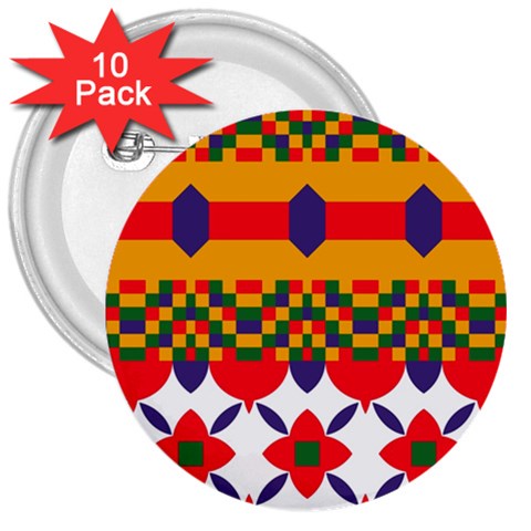 Red flowers and colorful squares                                                                  3  Button (10 pack) from ArtsNow.com Front