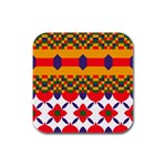 Red flowers and colorful squares                                                                  Rubber Square Coaster (4 pack)