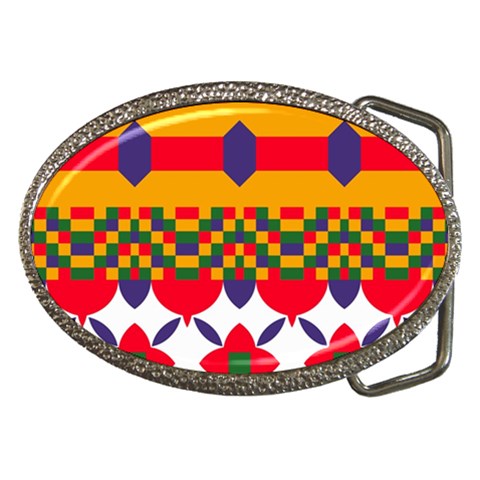 Red flowers and colorful squares                                                                  Belt Buckle from ArtsNow.com Front
