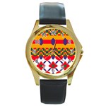 Red flowers and colorful squares                                                                  Round Gold Metal Watch