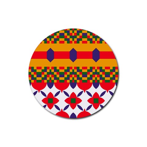Red flowers and colorful squares                                                                  Rubber Round Coaster (4 pack) from ArtsNow.com Front