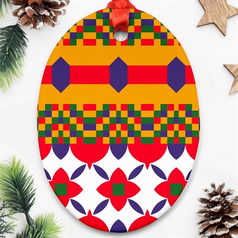 Red flowers and colorful squares                                                                  Ornament (Oval) from ArtsNow.com Front