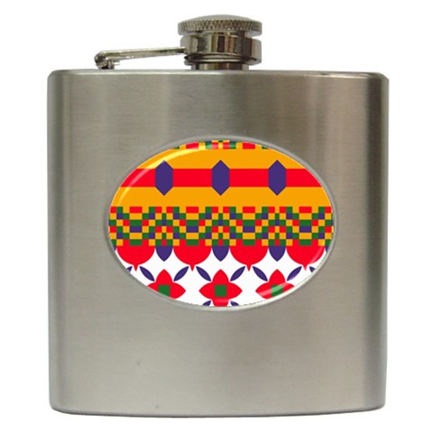 Red flowers and colorful squares                                                                  Hip Flask (6 oz) from ArtsNow.com Front