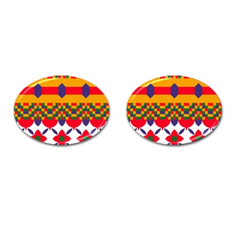 Red flowers and colorful squares                                                                  Cufflinks (Oval) from ArtsNow.com Front(Pair)
