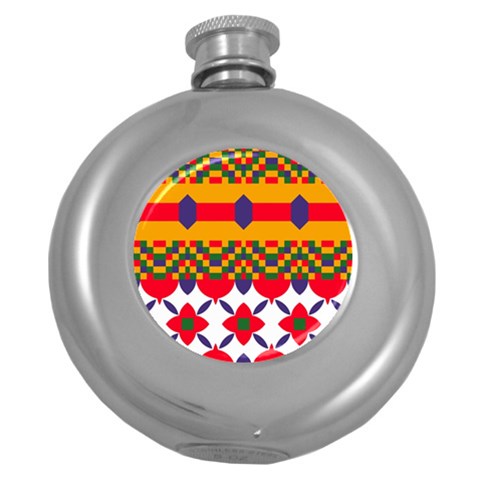 Red flowers and colorful squares                                                                  Hip Flask (5 oz) from ArtsNow.com Front