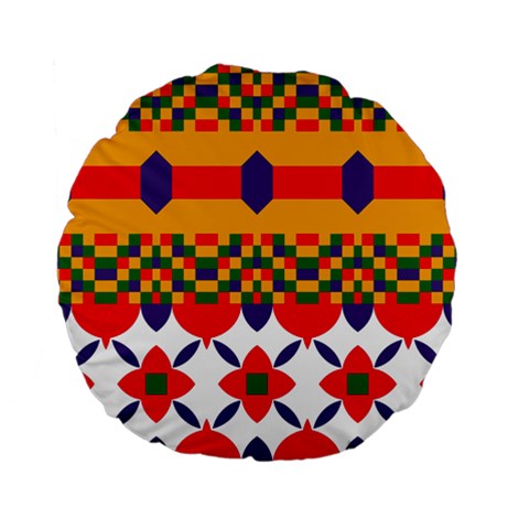 Red flowers and colorful squares                                                                 Standard 15  Premium Flano Round Cushion from ArtsNow.com Front