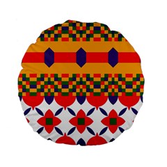 Red flowers and colorful squares                                                                 Standard 15  Premium Flano Round Cushion from ArtsNow.com Front