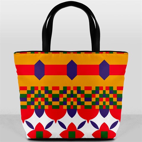 Red flowers and colorful squares                                                                  Bucket Bag from ArtsNow.com Front