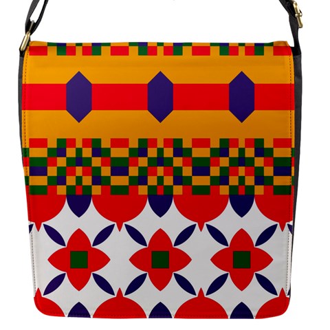 Red flowers and colorful squares                                                                  Flap Closure Messenger Bag (S) from ArtsNow.com Front